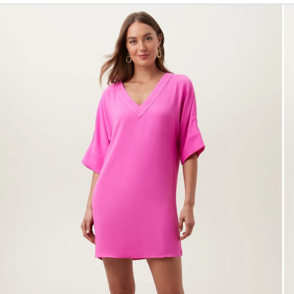Trina Turk Pink Mini Sheath Dress with Dolman Sleeves and V-Neck